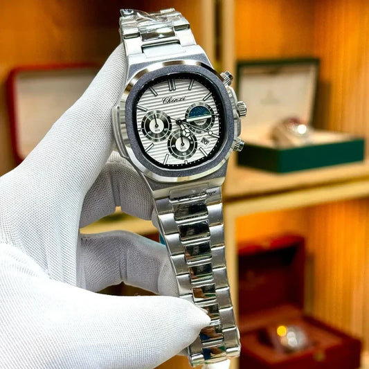 chenxi original chronograph mens watch silver stainless steel white dial