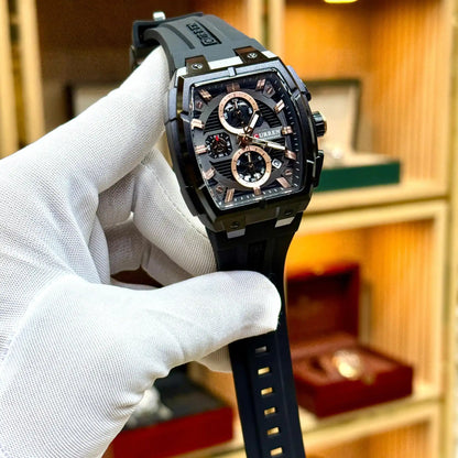 CURREN original quartz chronograph men watch full black dial gunmetal accents silicone strap