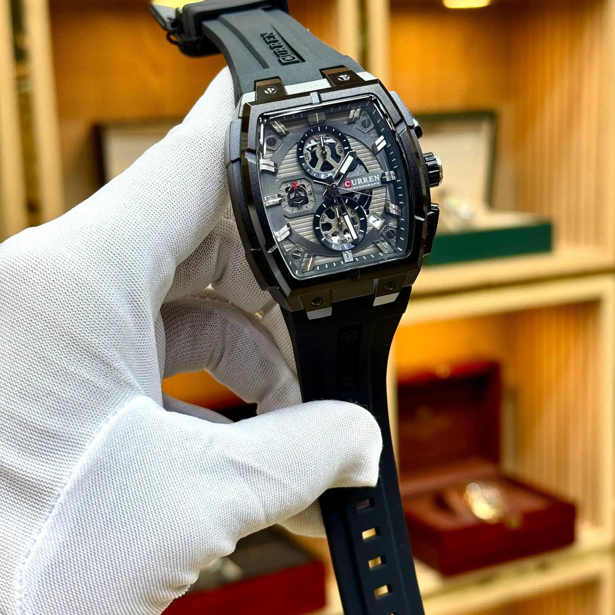 CURREN original quartz chronograph men watch full black dial gunmetal accents silicone strap