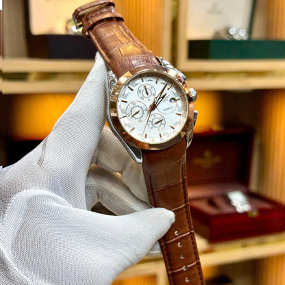 CURREN original quartz chronograph men watch white dial rose gold bezel brown leather strap