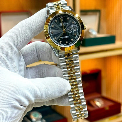 luxury datejust style mens watch two tone gold silver chain black dial stone markers