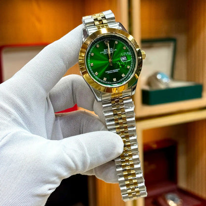 luxury datejust style mens watch two tone gold silver chain emerald green dial stone markers