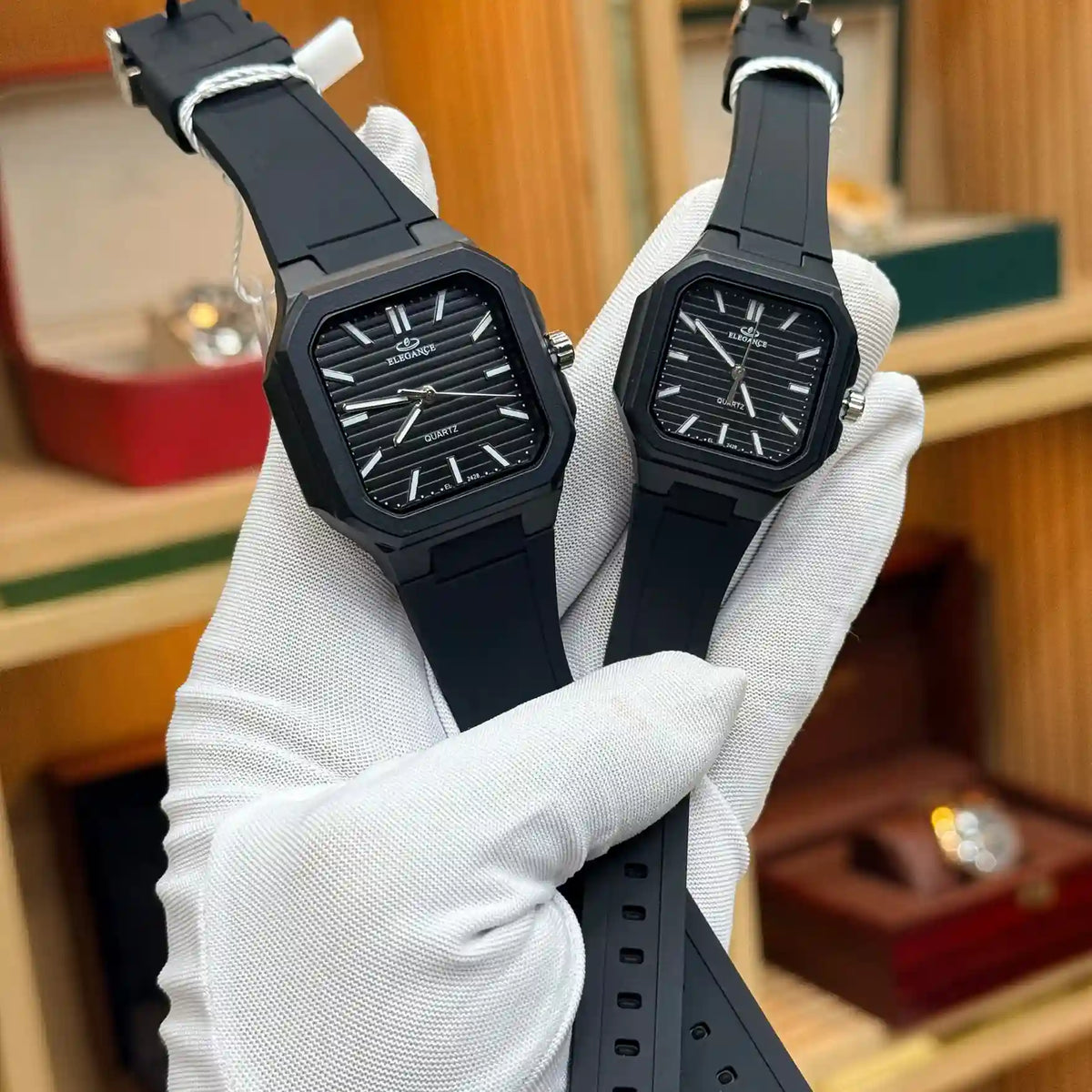ELEGANCE Original black couple watches with black octagonal cases, striped dials and matching straps