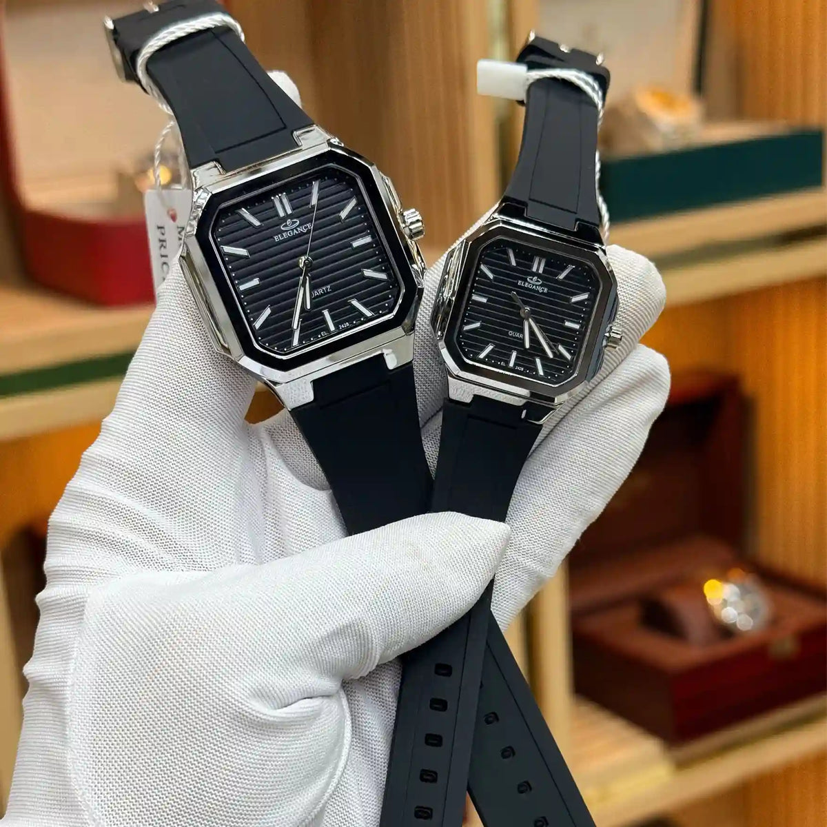 ELEGANCE Original black dial couple watches with silver-tone cases and black straps