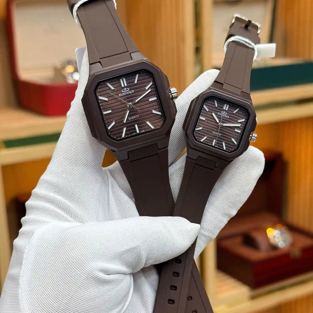 ELEGANCE Original brown dial couple watches with matching dark brown straps and octagonal cases