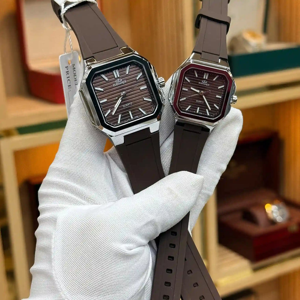 ELEGANCE Original dark brown couple watches with textured dials and matching rubber straps