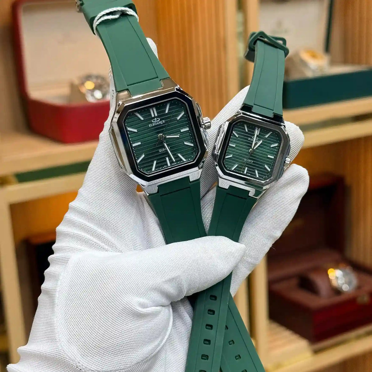 ELEGANCE Original green dial couple watches with matching green straps and silver-tone cases