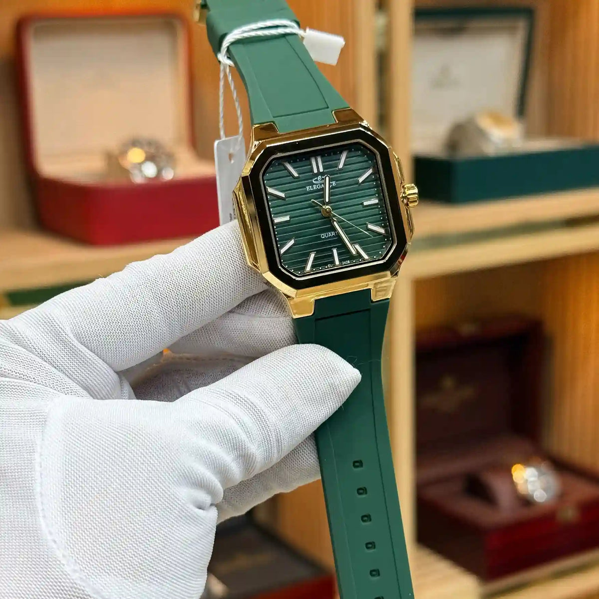 ELEGANCE Original green dial watch with silver-tone case, green rubber strap and gold-tone accents