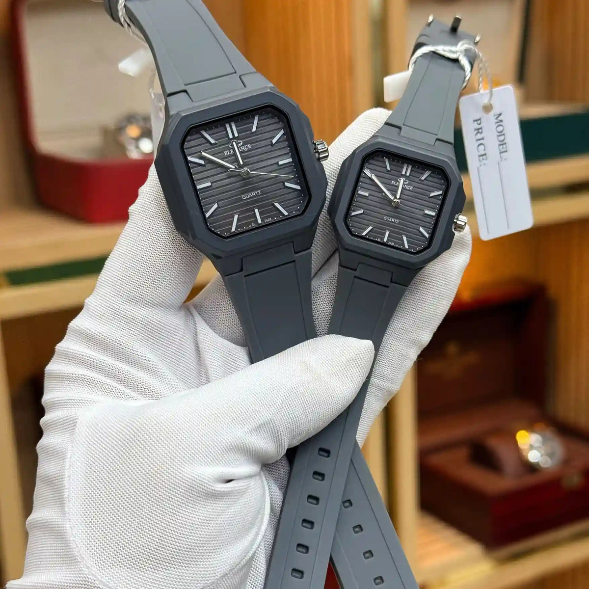 ELEGANCE Original grey dial couple watches with grey straps and matching octagonal cases