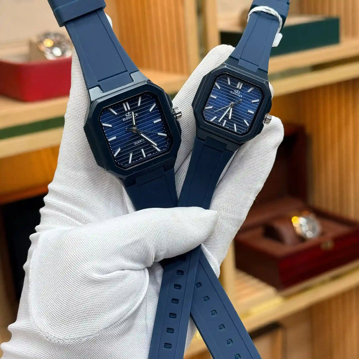 ELEGANCE Original navy blue couple watches with matching dark blue straps and octagonal cases