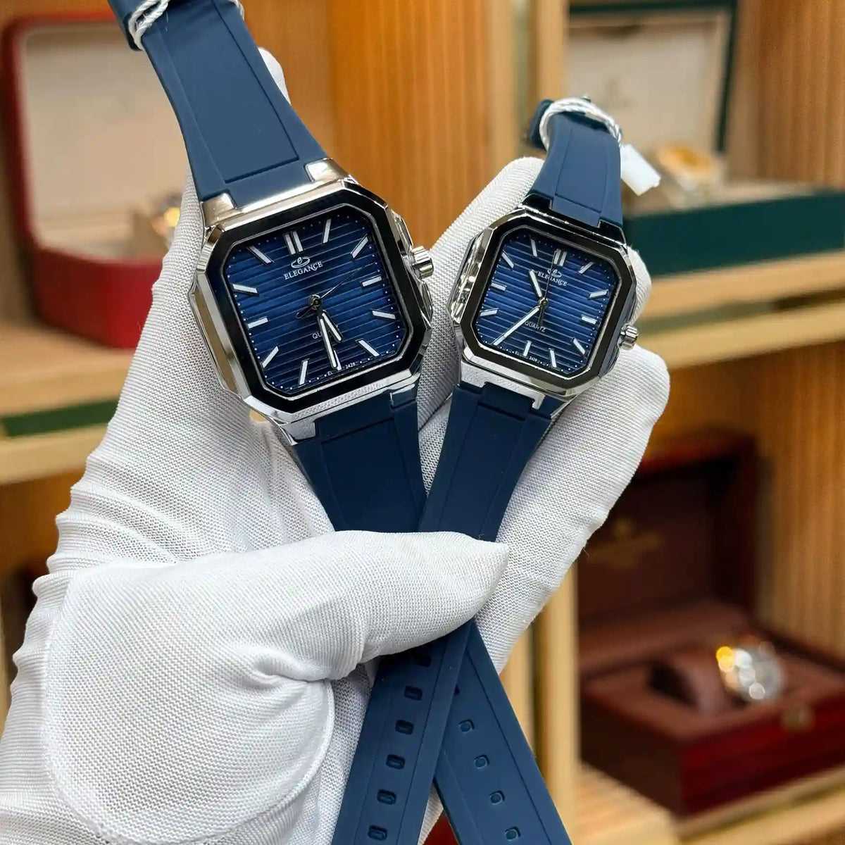 ELEGANCE Original royal blue couple watches with silver-tone cases and matching blue straps