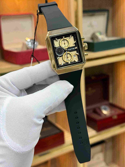 extri original mens rectangular chronograph watch gold case black silicone strap gold dial
