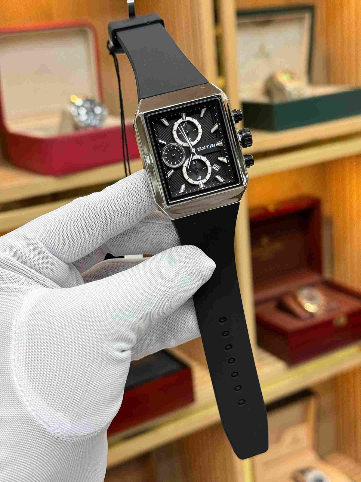 extri original luxury black rectangular chronograph watch matte black silicone strap all black dial
