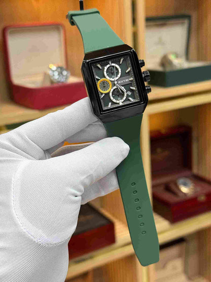 extri original mens rectangular chronograph watch dark case olive green silicone strap