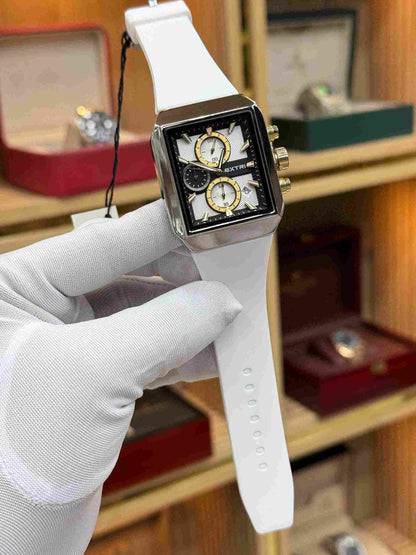 extri original mens rectangular watch silver case crisp white silicone strap black dial