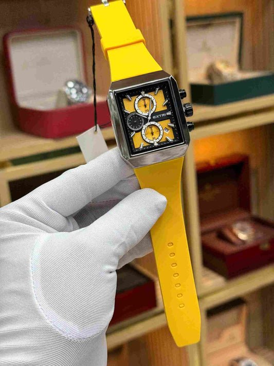 extri original mens rectangular chronograph watch silver case vibrant yellow silicone strap yellow dial
