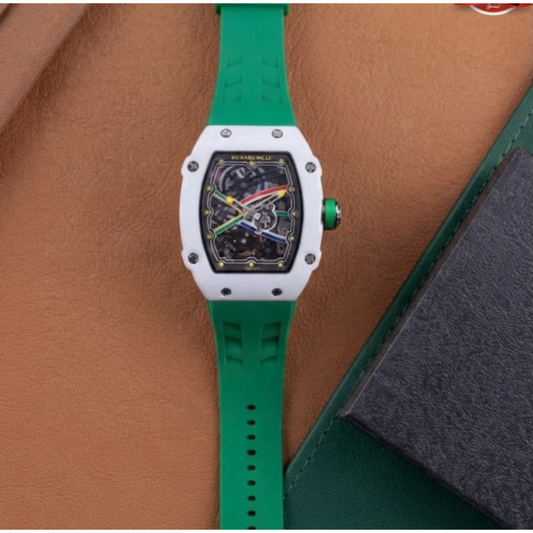 Men's luxury skeleton wristwatch with black transparent dial, silver bezel, and vibrant green silicone strap