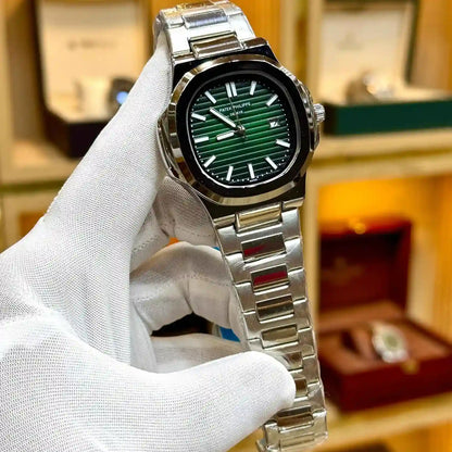 nautilus style luxury watch silver stainless steel bracelet emerald green embossed dial men watch
