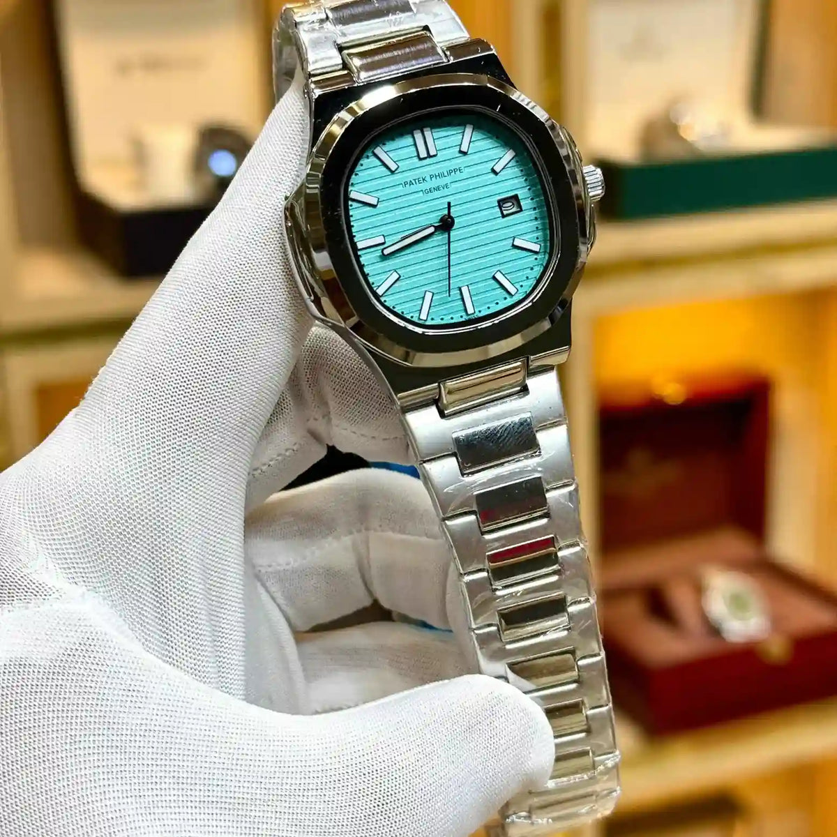 nautilus style luxury watch silver stainless steel bracelet tiffany light blue dial men watch