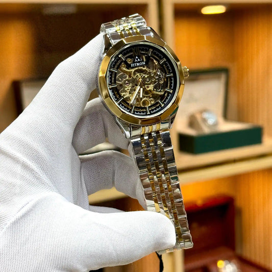 fitron automatic skeleton dial mens watch two tone gold silver stainless steel chain strap
