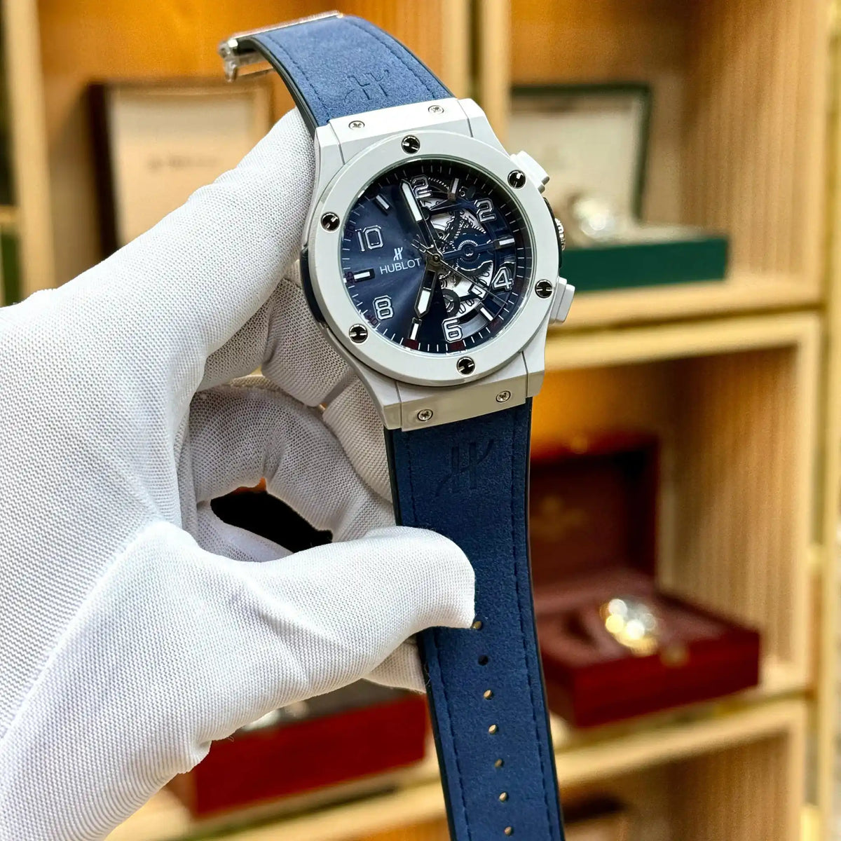 premium quartz chronograph mens watch blue dial blue leather strap
