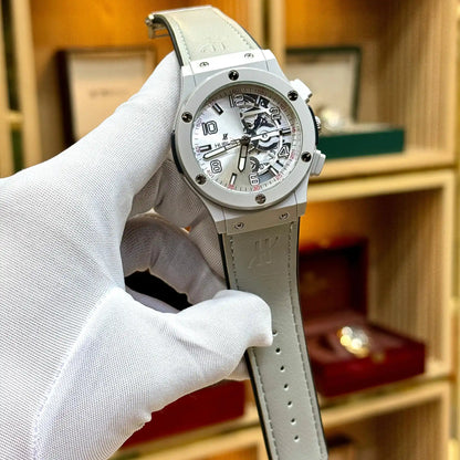 premium quartz chronograph mens watch grey dial light grey leather strap