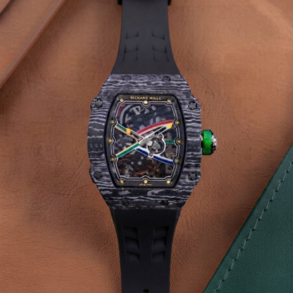 Richard Mille style black skeleton wristwatch with transparent dial, textured case, and flexible black strap.