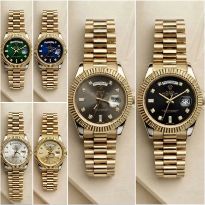 rolex day-date diamond watch gold stainless steel chain multiple dial colors collection men watch