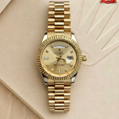 Rolex day-date gold watch with champagne gold diamond dial and president bracelet