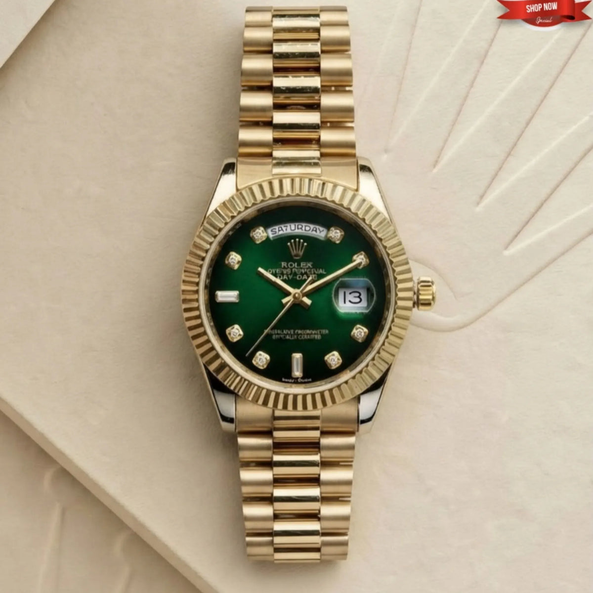 Rolex day-date gold watch featuring emerald green dial with diamond hour markers