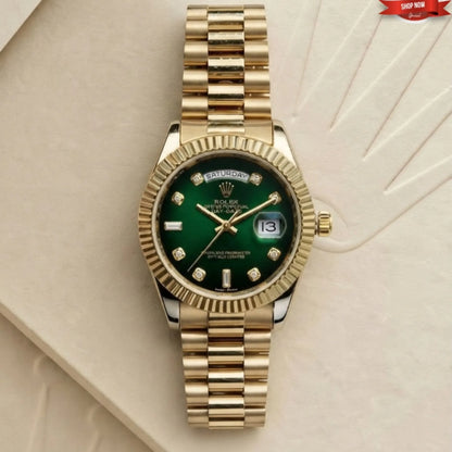 Rolex day-date gold watch featuring emerald green dial with diamond hour markers