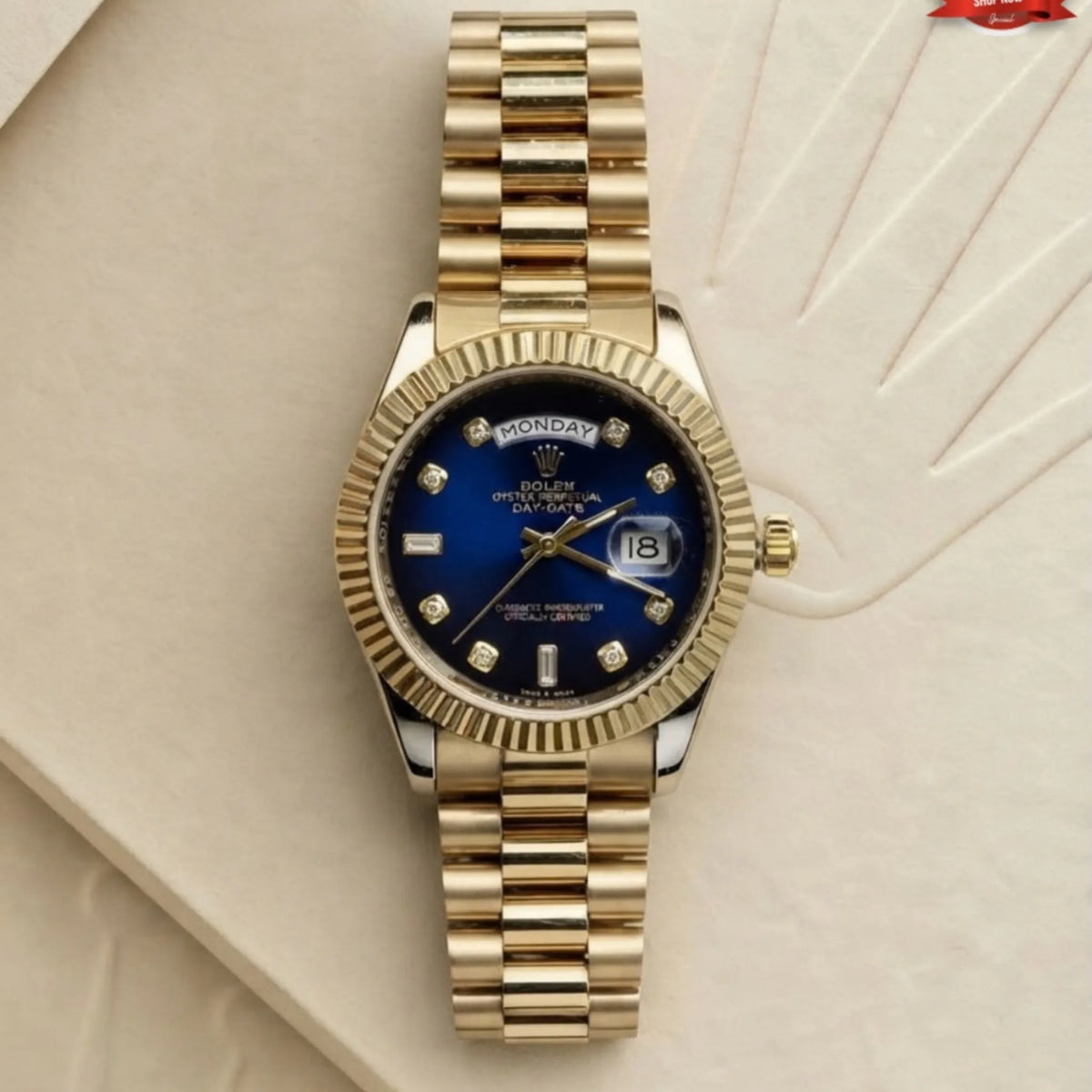 Rolex day-date gold watch featuring royal blue dial with diamond hour markers
