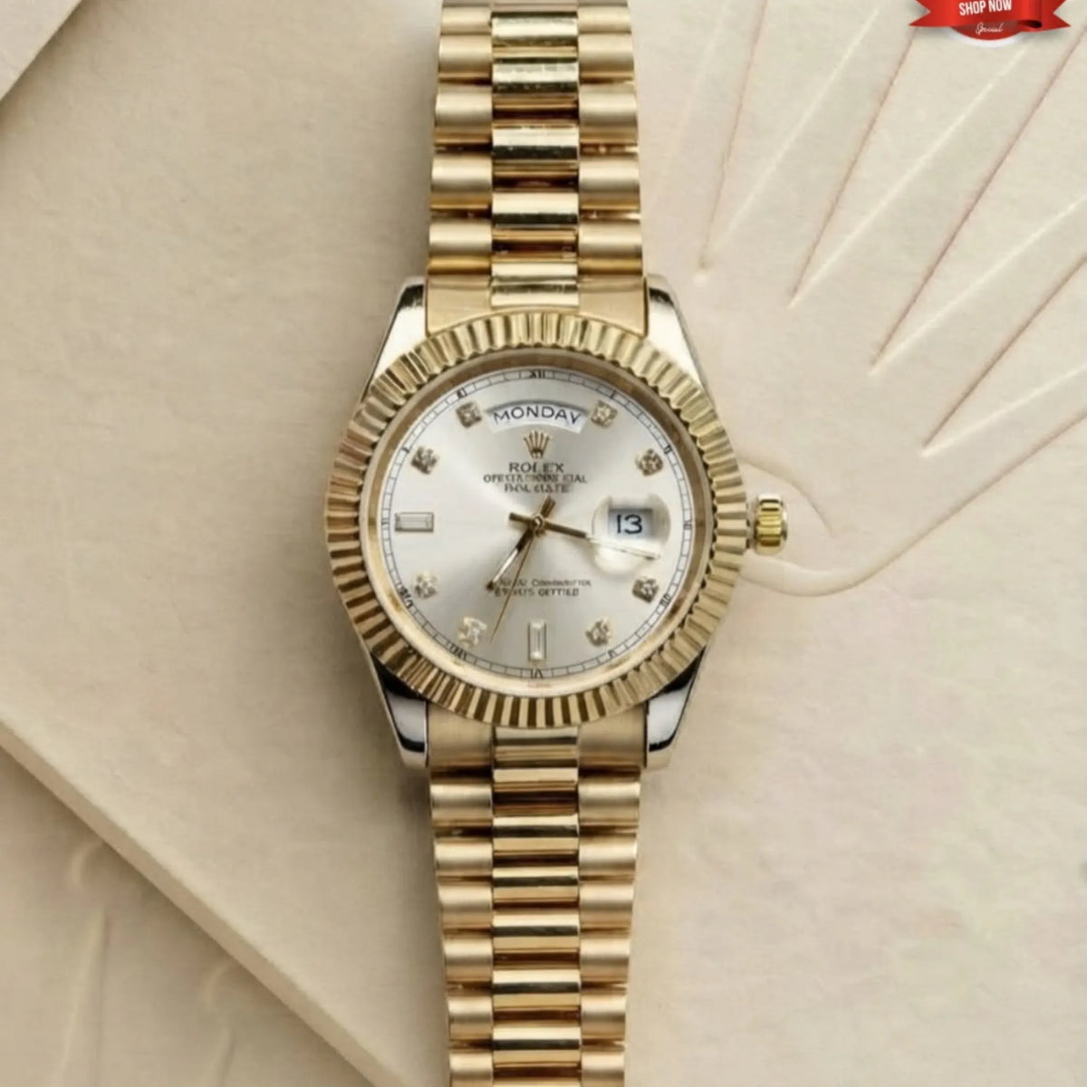 Rolex day-date gold watch with silver diamond dial and fluted bezel