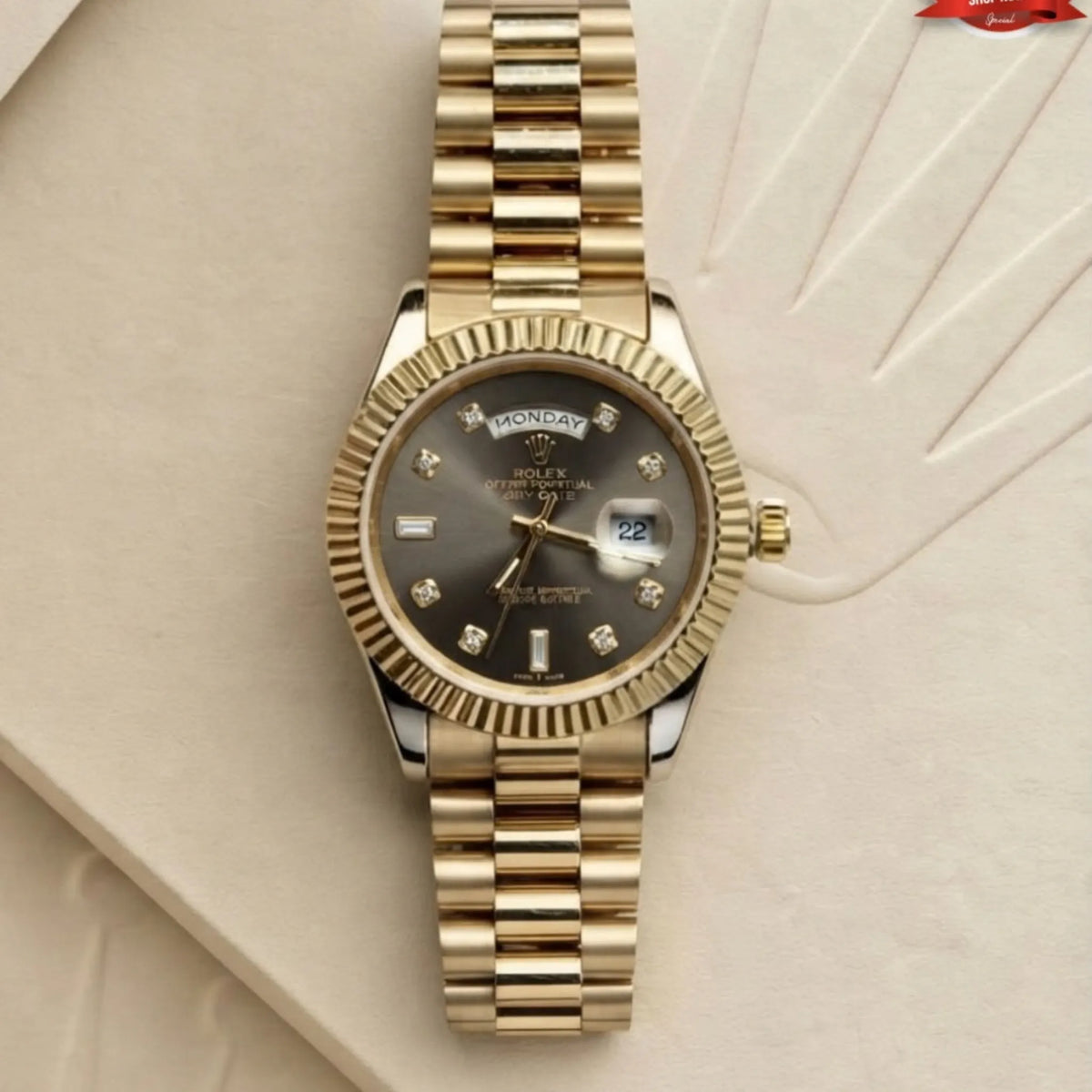 Rolex day-date gold watch with dark slate grey dial and diamond indices