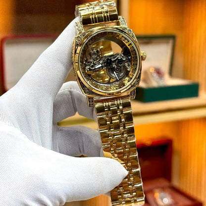 rovite original skeleton dial mens watch full gold stainless steel bracelet watch