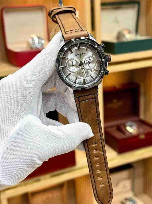 tubular mens quartz chronograph watch tan brown leather strap black dial