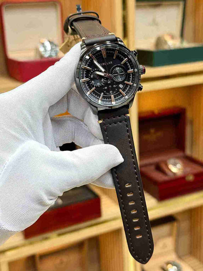 tubular mens chronograph watch dark brown leather strap black dial