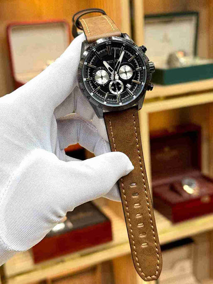 tubular mens quartz watch light tan leather strap silver chronograph dial