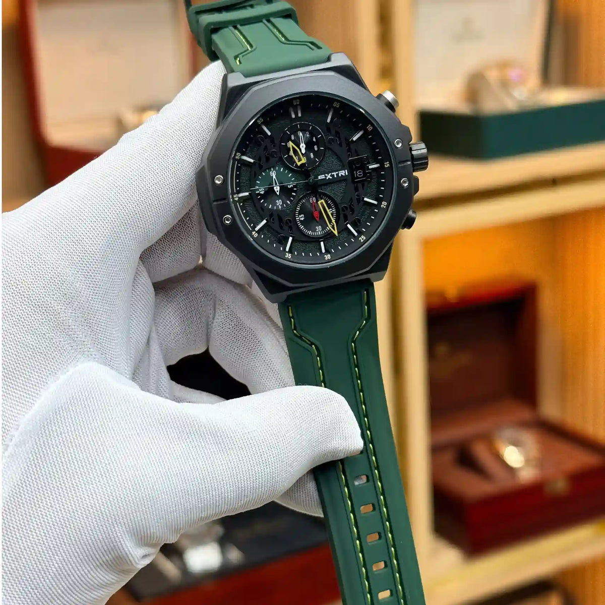 Xtri chronograph watch for men with black dial and green rubber strap