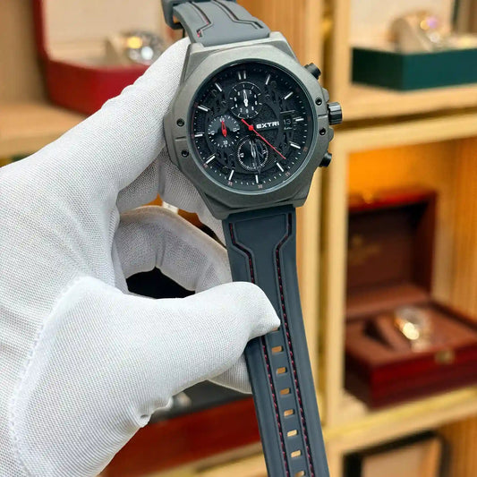 Xtri chronograph watch for men with black dial and grey rubber strap