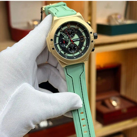 Xtri chronograph watch for men with black dial and light green rubber strap
