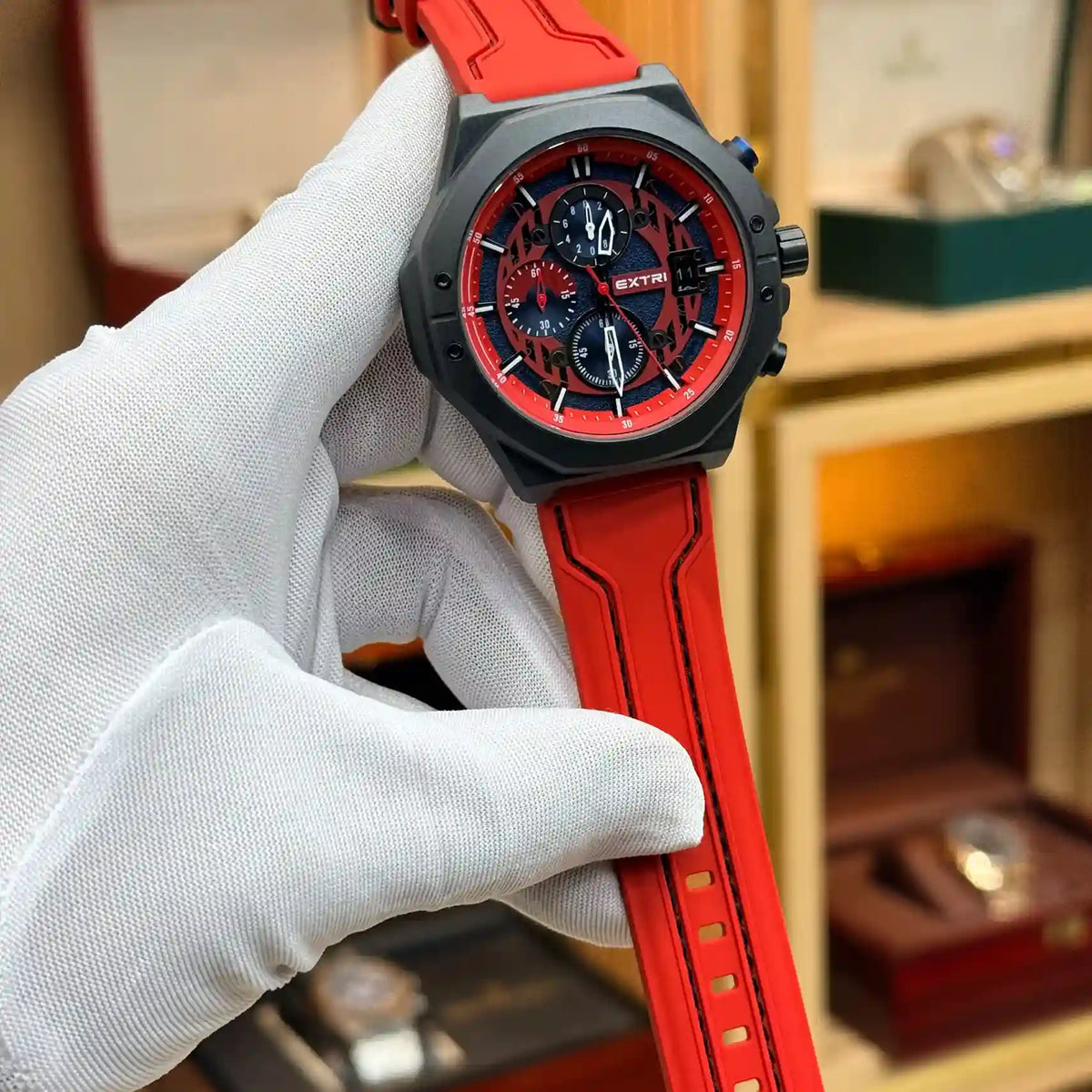 Xtri chronograph watch for men with black dial and red rubber strap