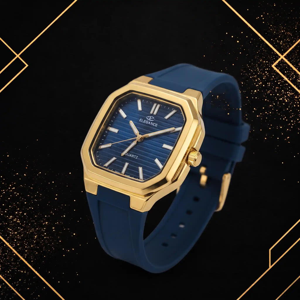 Three-quarter angle view showcasing the gold-tone case thickness and textured navy blue dial.