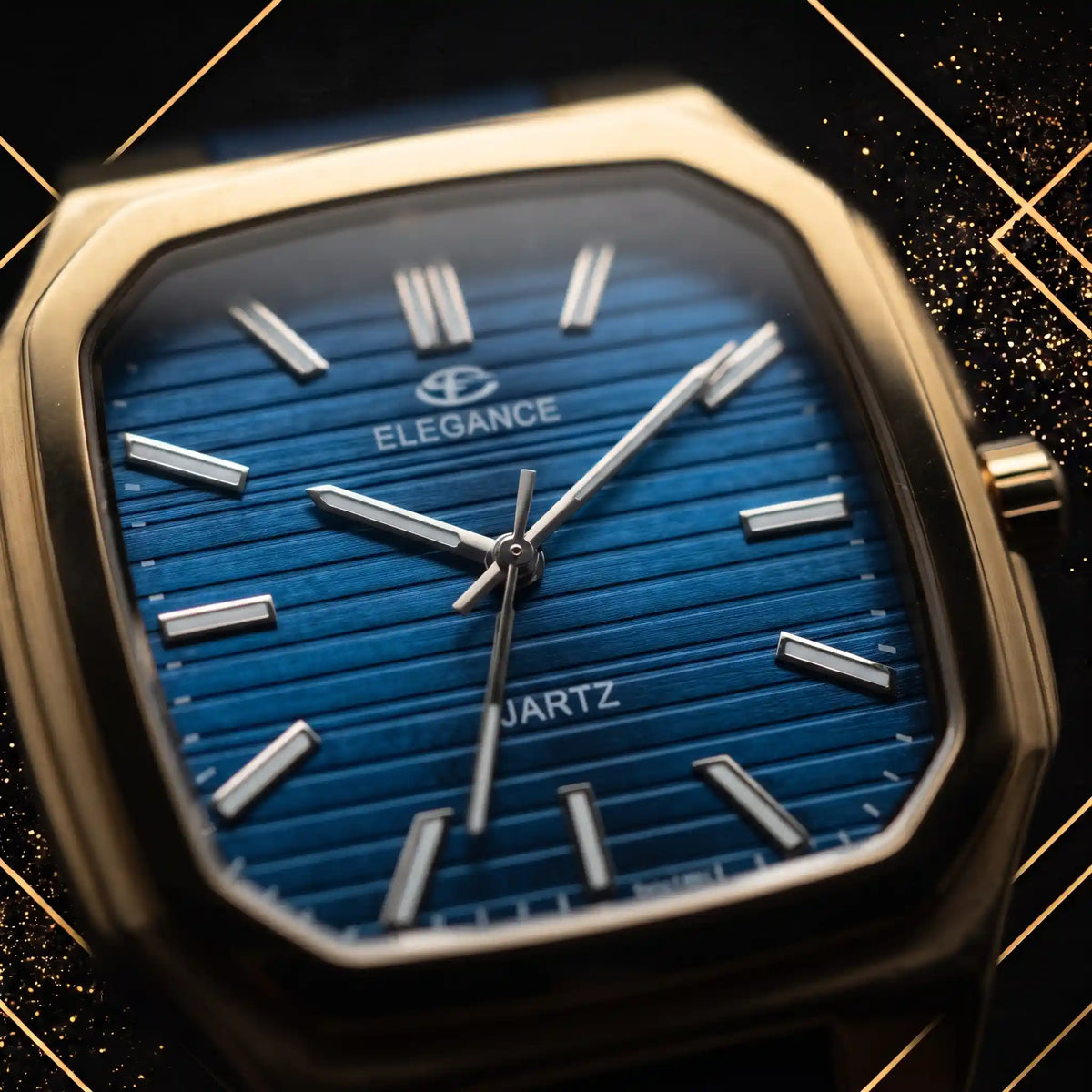 Detailed macro photography close-up focusing on the textured navy blue dial and silver hour markers.