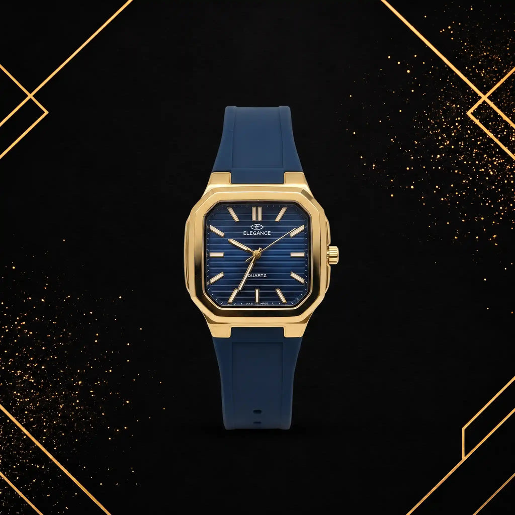 Front view of Elegance luxury gold-tone watch featuring a textured deep blue dial and navy blue silicone strap.