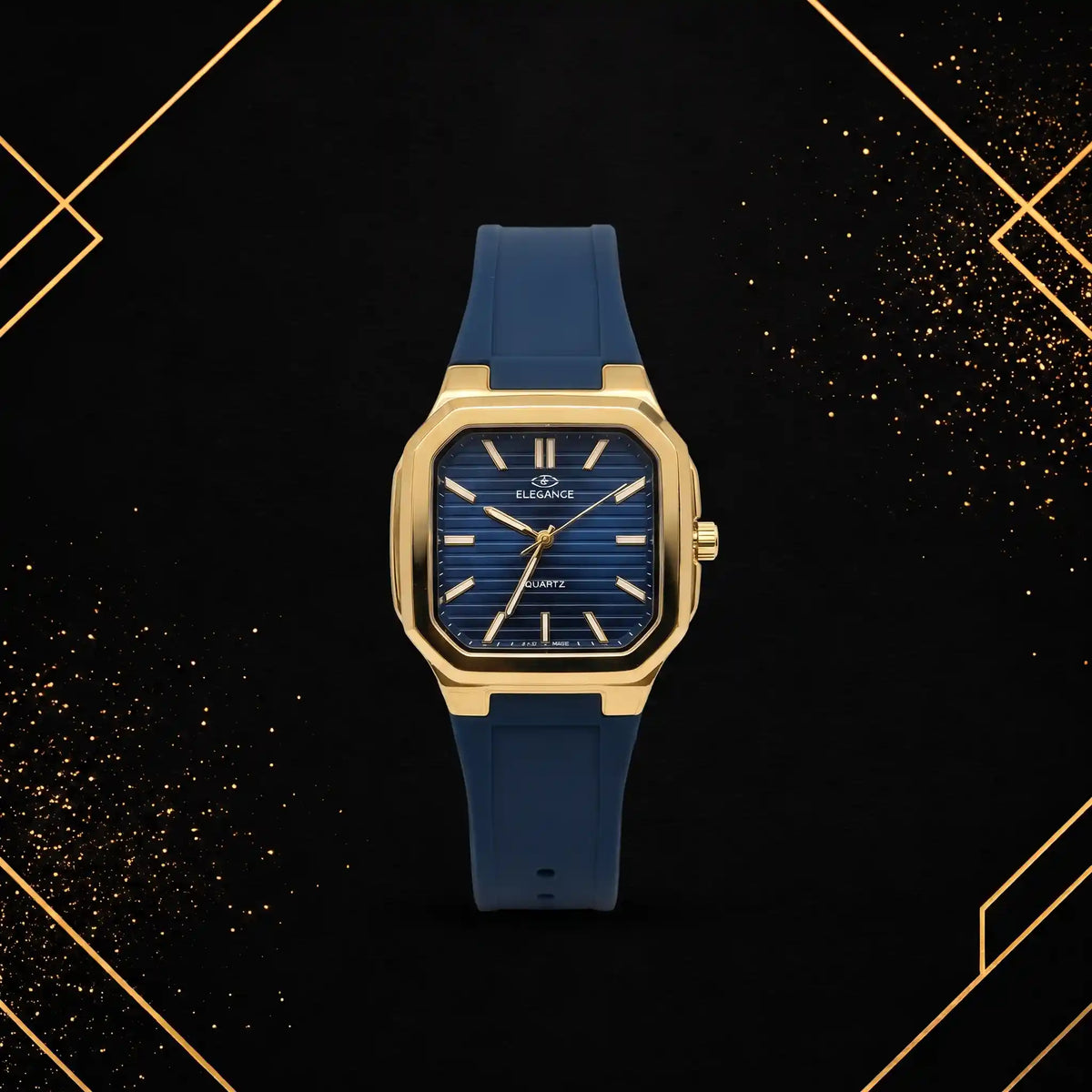 Front view of Elegance luxury gold-tone watch featuring a textured deep blue dial and navy blue silicone strap.