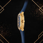 Professional right-side profile view of the Elegance gold-tone quartz watch highlighting the crown.