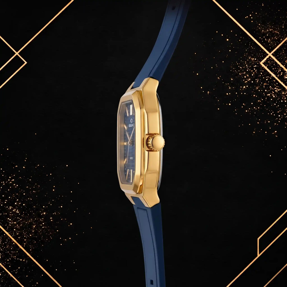 Professional right-side profile view of the Elegance gold-tone quartz watch highlighting the crown.
