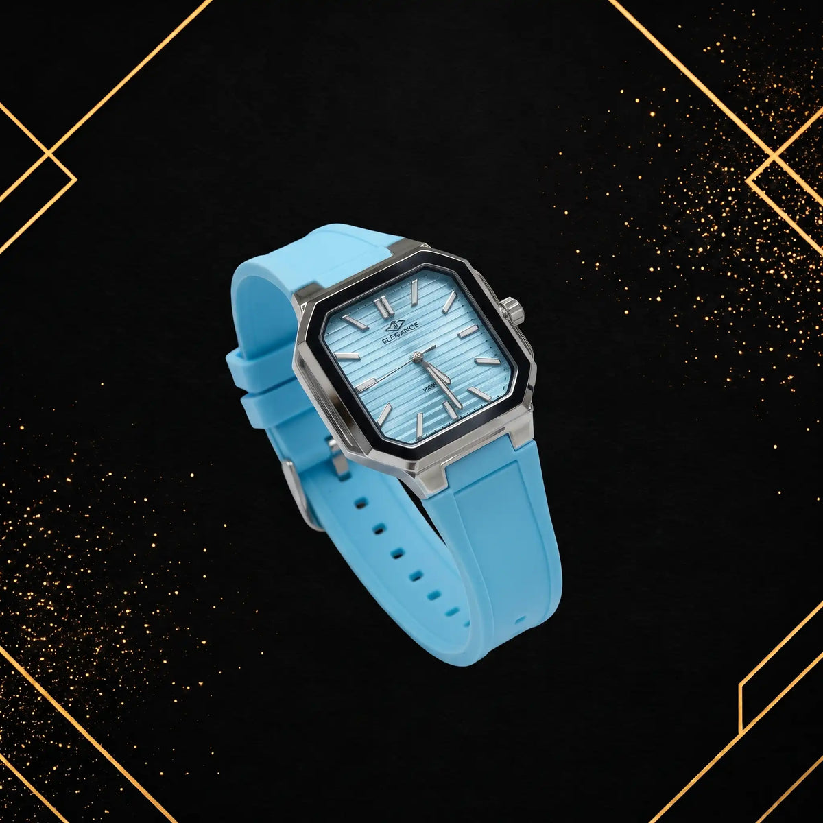 Elegance sky blue quartz watch displayed from a 45-degree angle, highlighting the textured dial depth, silver case finishing, and rubber strap on a sophisticated black and gold background.
