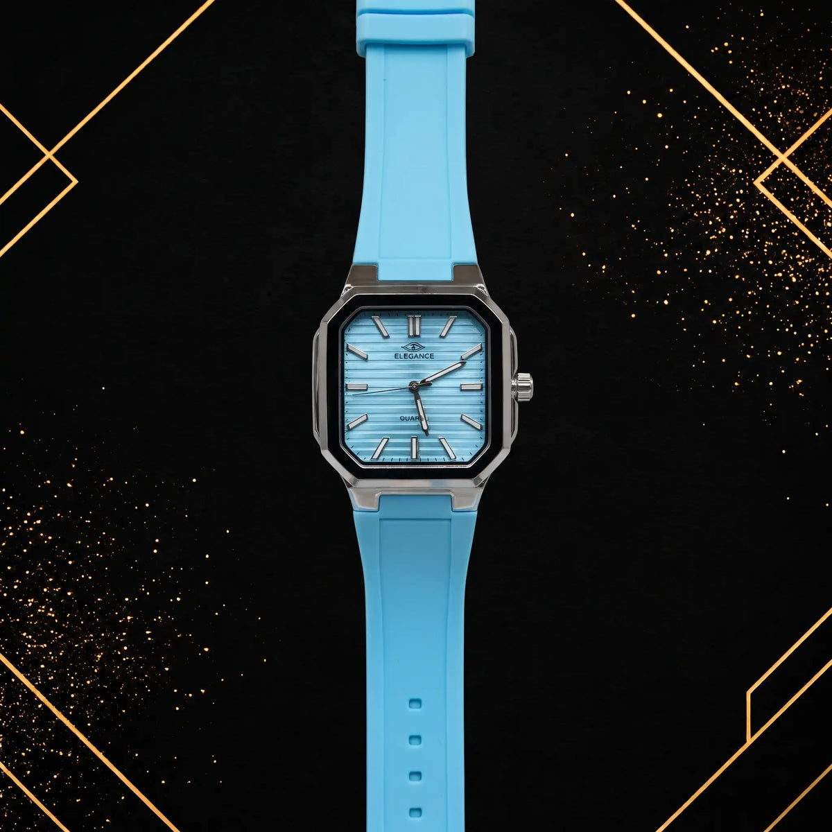 Elegance luxury men's quartz watch featuring a sky blue textured horizontal dial, polished silver stainless steel octagonal case with a black bezel, and a matching sky-blue silicone strap, shown in a straight front view against a black and gold luxury background.
